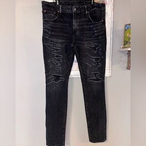 American Eagle Distressed Patched  AirFlex Stacked Skinny Jeans 38x32 Excellent
